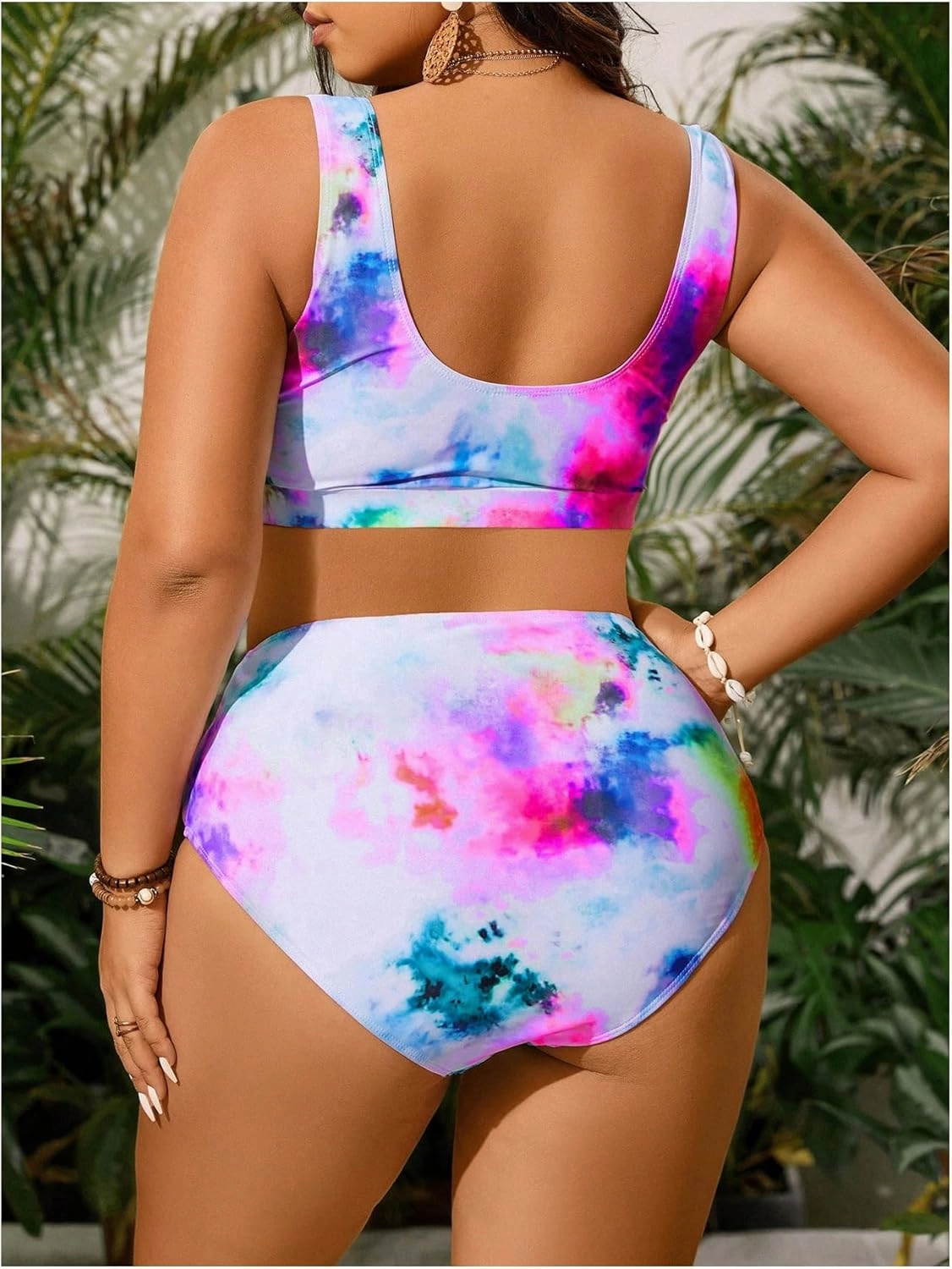 MakeMeChic Women's Plus Size 2 Piece Bikini Sets Textured Tie Dye High Waist Summer Swimsuit Bathing Suit