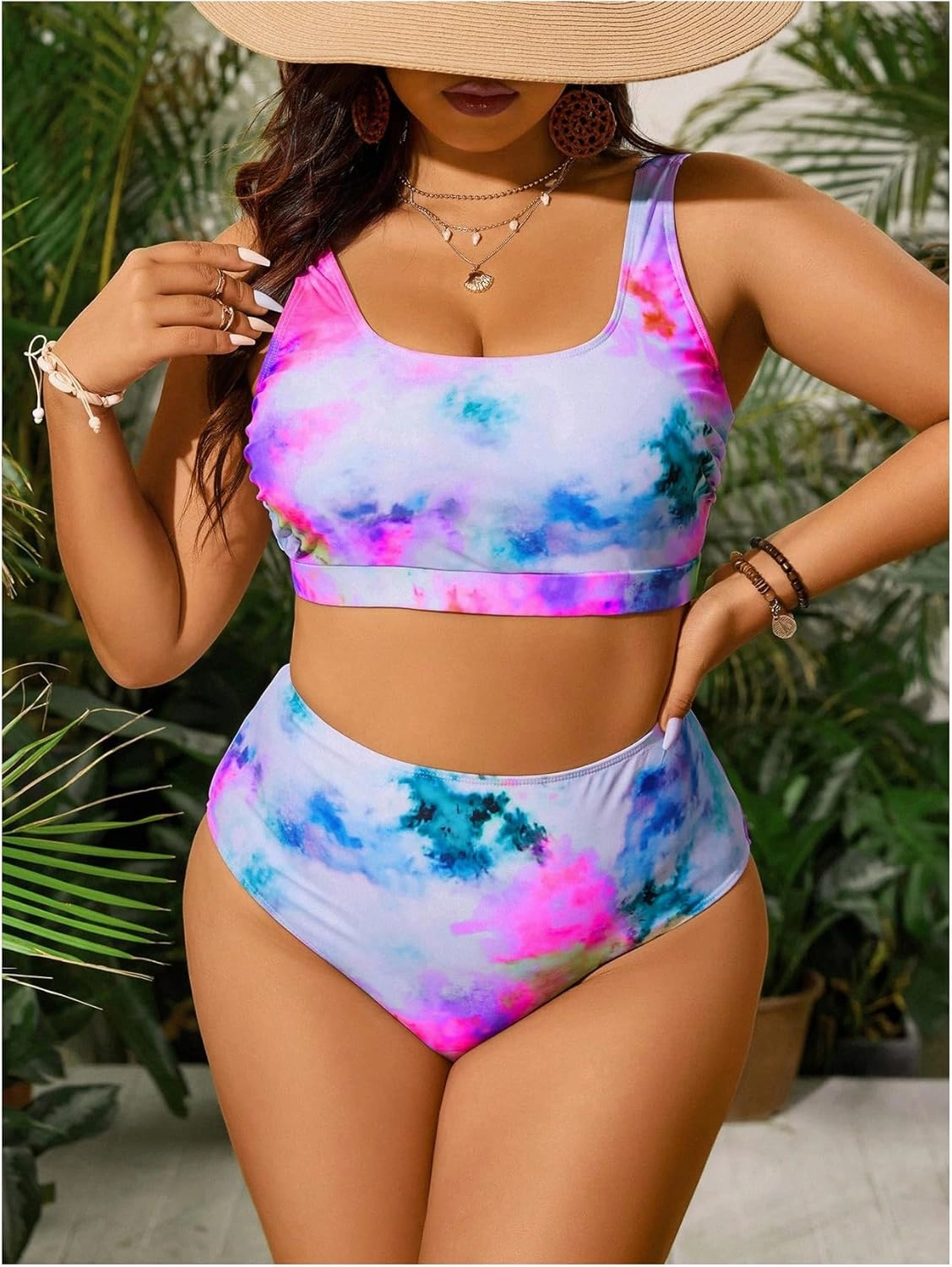 MakeMeChic Women's Plus Size 2 Piece Bikini Sets Textured Tie Dye High Waist Summer Swimsuit Bathing Suit