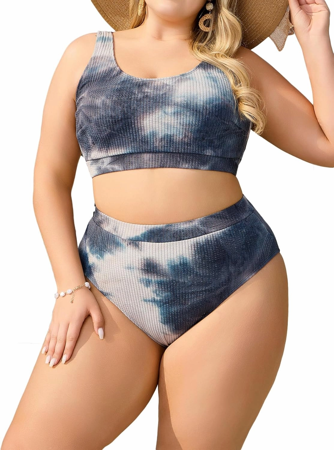 MakeMeChic Women's Plus Size 2 Piece Bikini Sets Textured Tie Dye High Waist Summer Swimsuit Bathing Suit