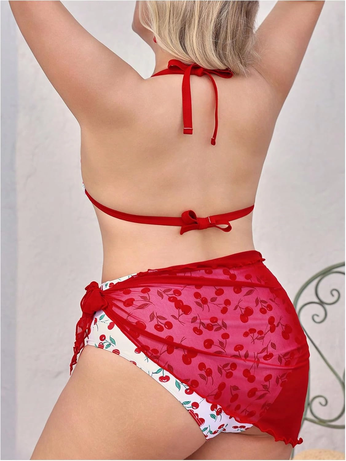 MakeMeChic Women's Plus Size 3 Piece Bikini Set Cherry Halter Triangle Backless Bathing Suit with Cover Up Skirt