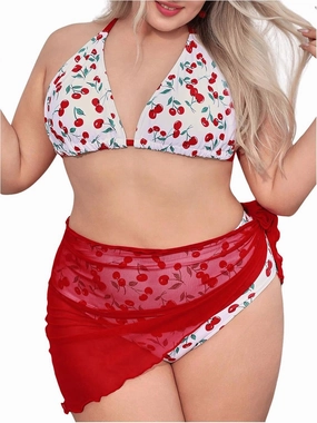 MakeMeChic Women's Plus Size 3 Piece Bikini Set Cherry Halter Triangle Backless Bathing Suit with Cover Up Skirt