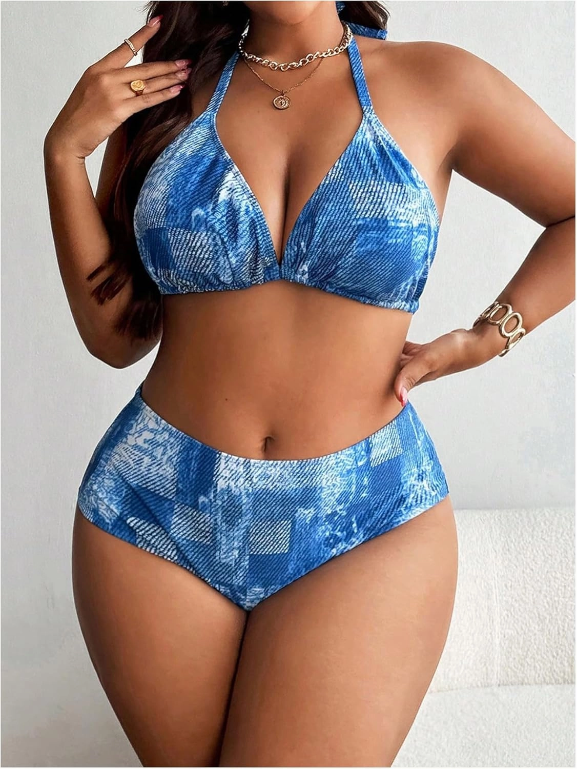 MakeMeChic Women's Plus Size 3 Piece Bikini Set Halter Triangle Tie Back Bathing Suit with Cover Up Skirt