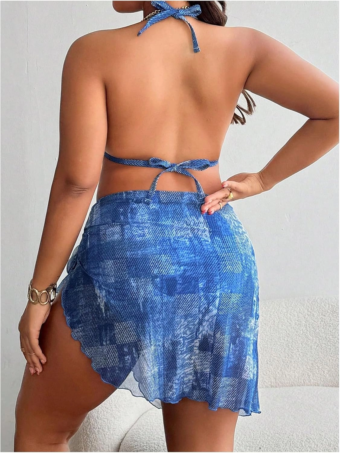 MakeMeChic Women's Plus Size 3 Piece Bikini Set Halter Triangle Tie Back Bathing Suit with Cover Up Skirt
