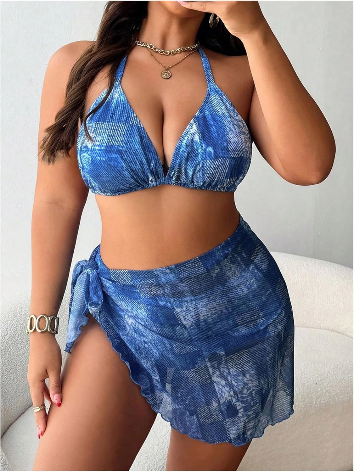 MakeMeChic Women's Plus Size 3 Piece Bikini Set Halter Triangle Tie Back Bathing Suit with Cover Up Skirt
