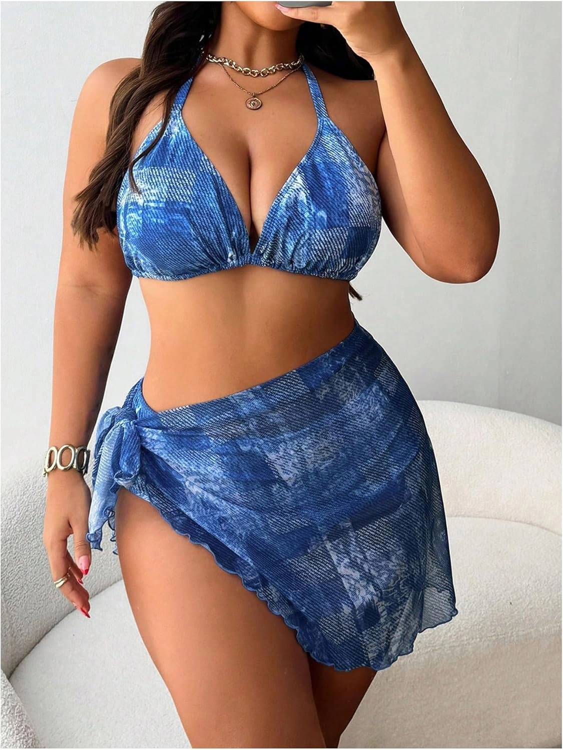 MakeMeChic Women's Plus Size 3 Piece Bikini Set Halter Triangle Tie Back Bathing Suit with Cover Up Skirt