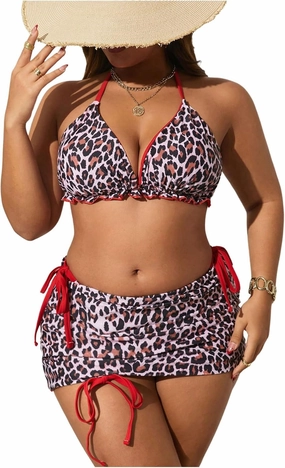 MakeMeChic Women's Plus Size 3 Piece Leopard Print Triangle Backless String Bikini Set with Ruched Cover Up Skirt
