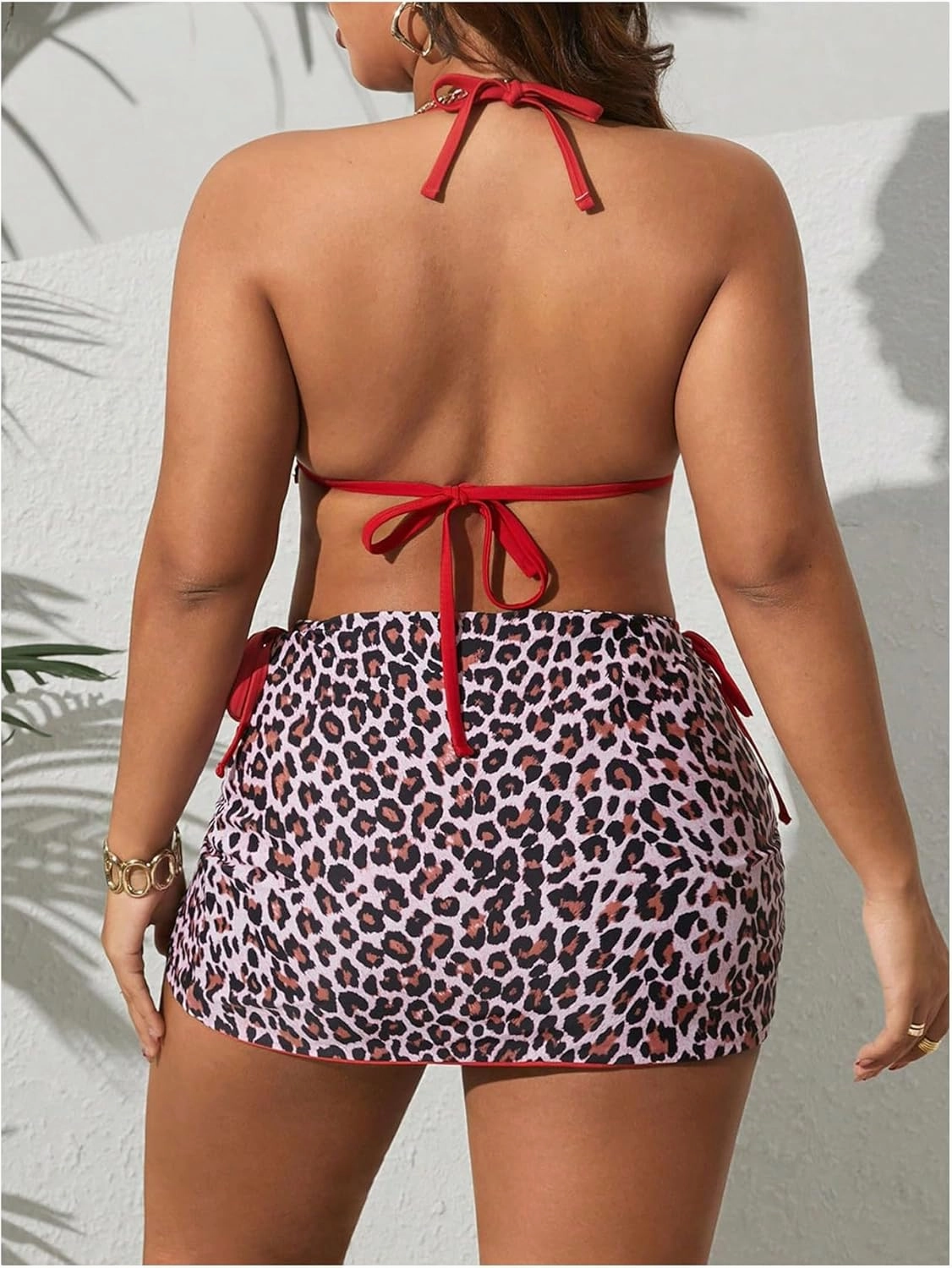 MakeMeChic Women's Plus Size 3 Piece Leopard Print Triangle Backless String Bikini Set with Ruched Cover Up Skirt