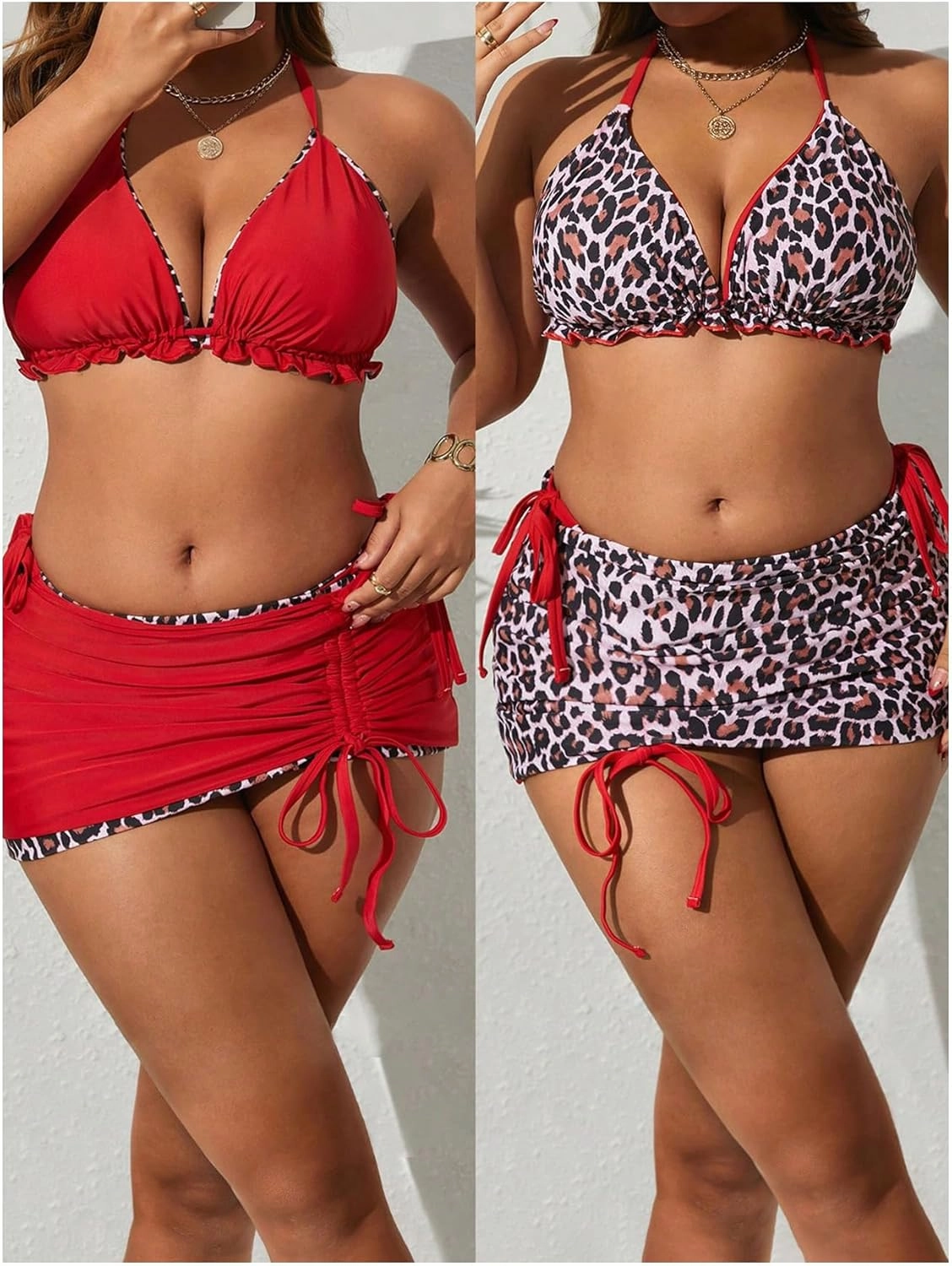 MakeMeChic Women's Plus Size 3 Piece Leopard Print Triangle Backless String Bikini Set with Ruched Cover Up Skirt