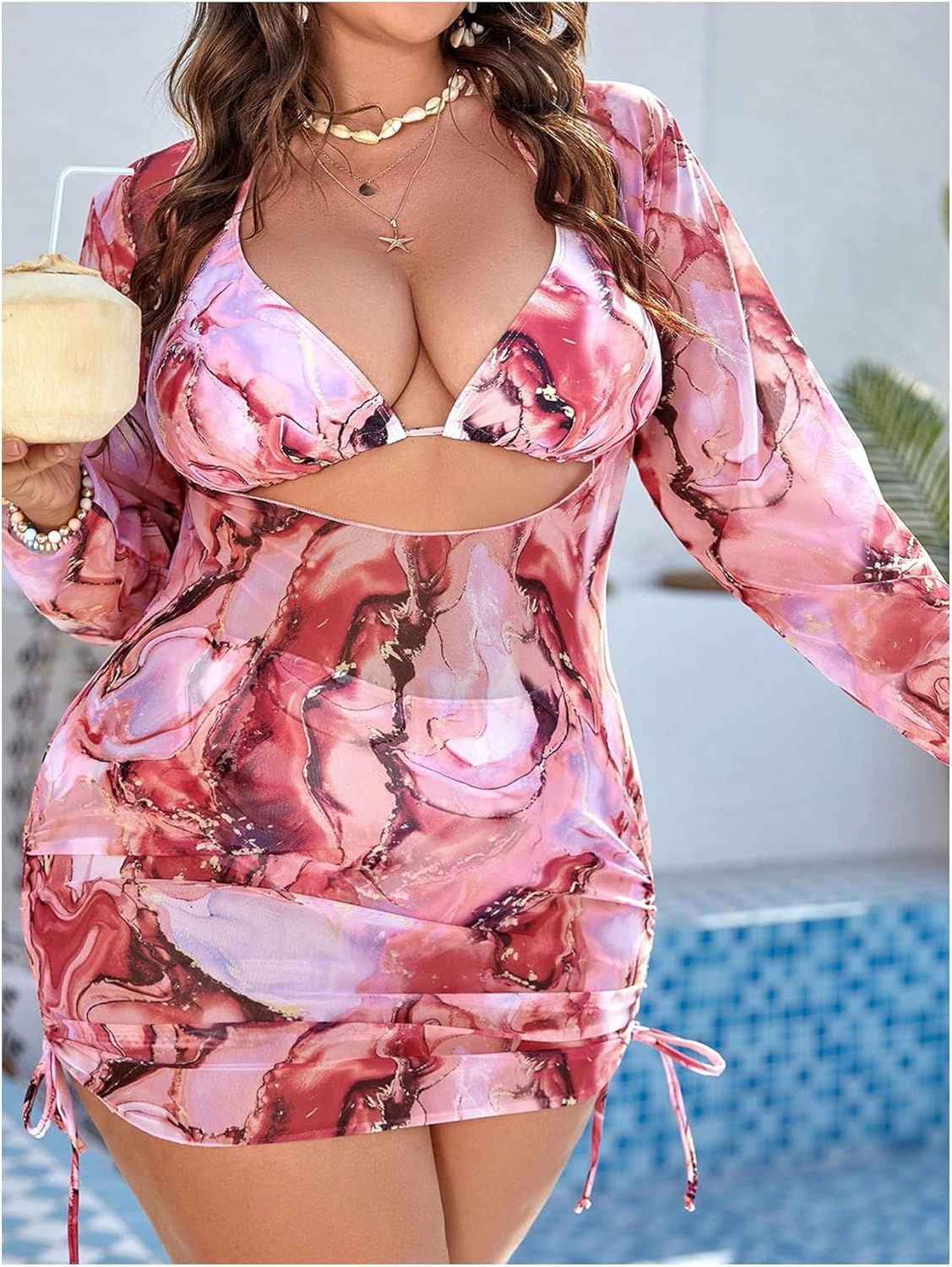 MakeMeChic Women's Plus Size 3 Piece Rhinestone Halter Triangle High Waisted Bikini Swimsuit with Cover Up Set
