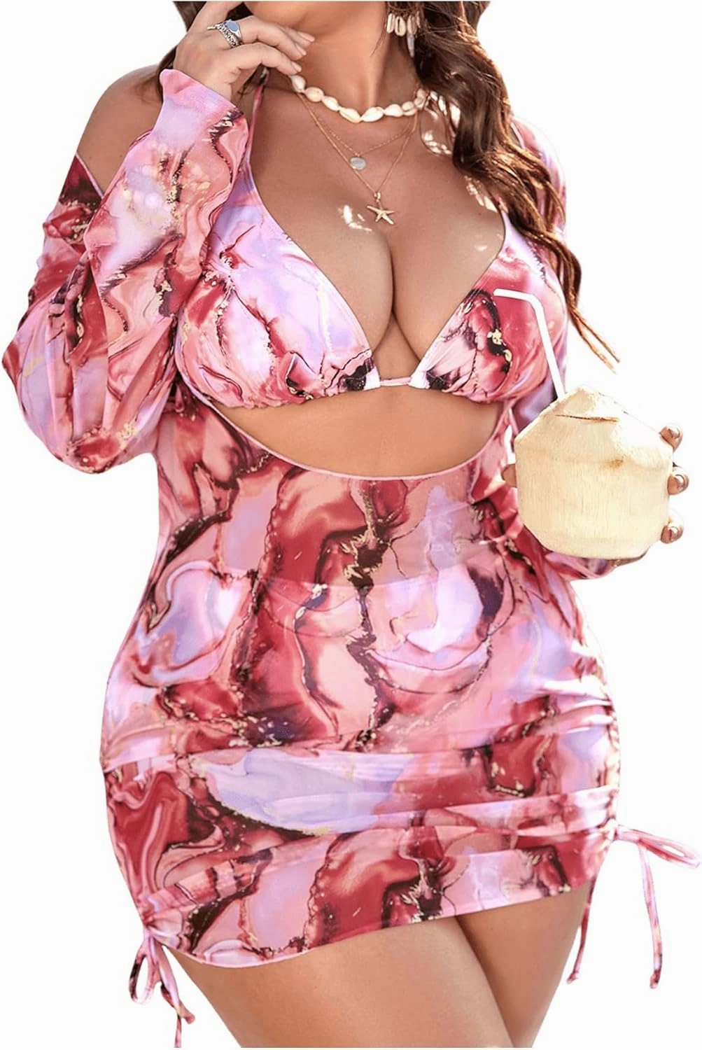 MakeMeChic Women's Plus Size 3 Piece Rhinestone Halter Triangle High Waisted Bikini Swimsuit with Cover Up Set