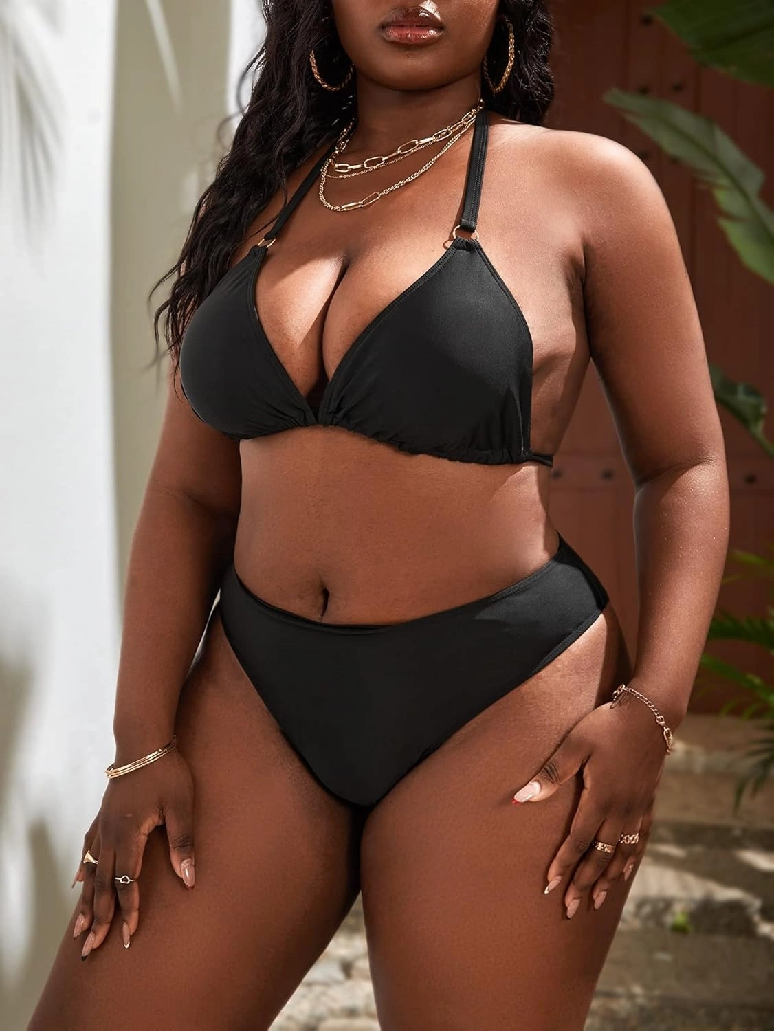 MakeMeChic Women's Plus Size 3 Piece Rhinestone Halter Triangle High Waisted Bikini Swimsuit with Cover Up Set