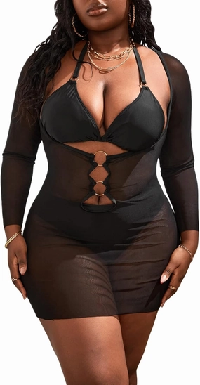MakeMeChic Women's Plus Size 3 Piece Rhinestone Halter Triangle High Waisted Bikini Swimsuit with Cover Up Set