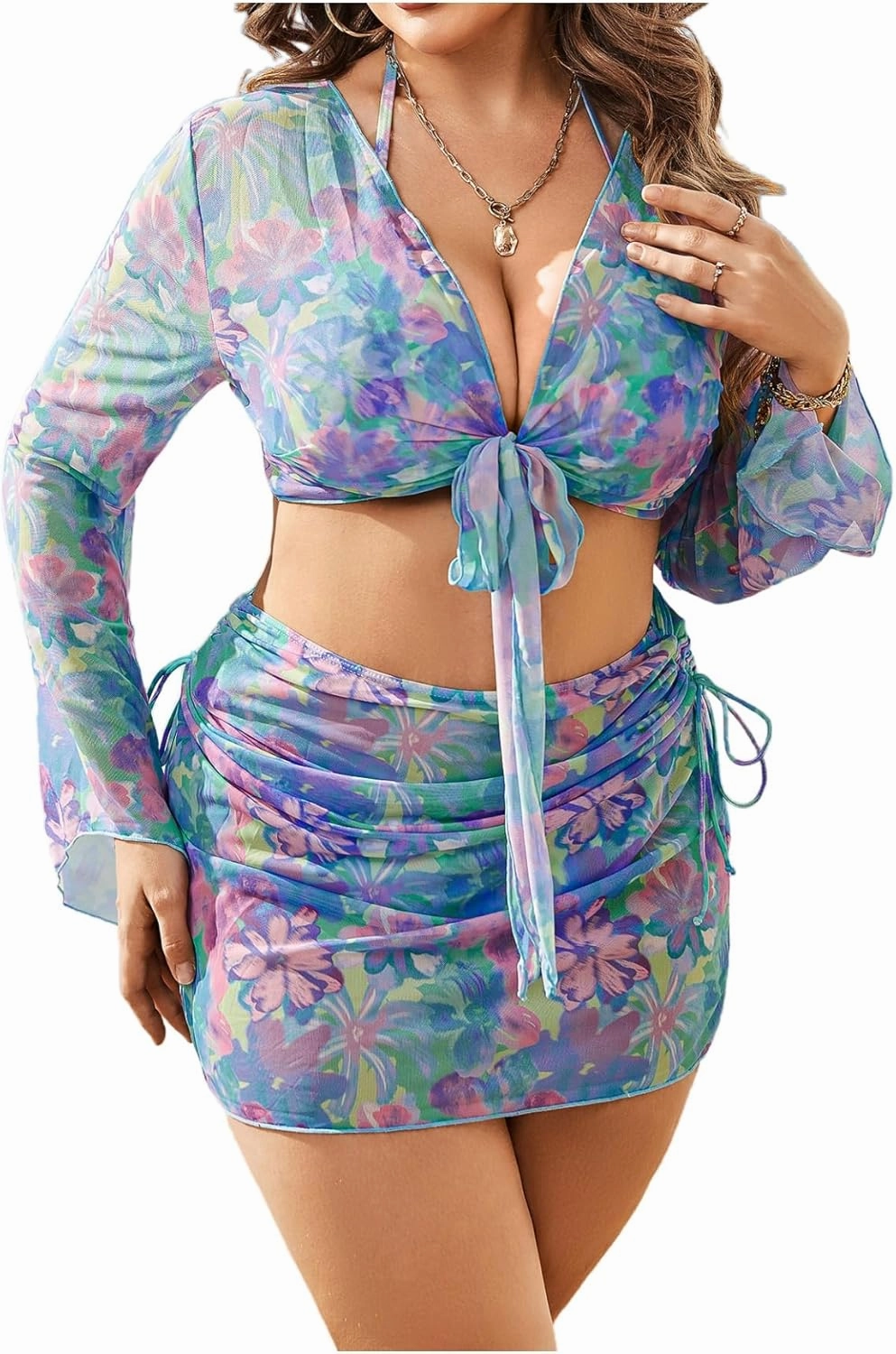 MakeMeChic Women's Plus Size 4 Piece Swimsuit Floral Halter Triangle Thong Bikini with Cover Up Set