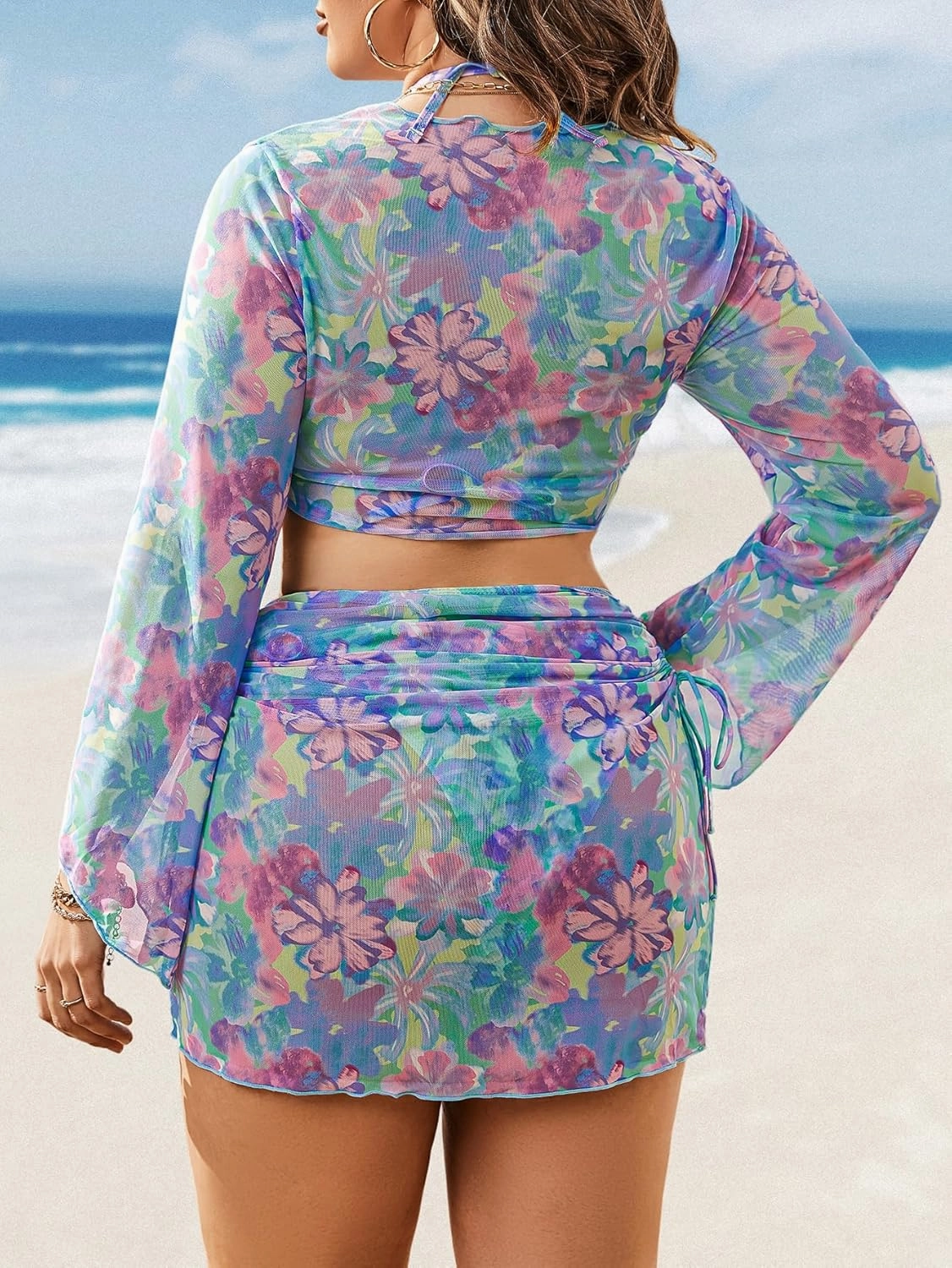 MakeMeChic Women's Plus Size 4 Piece Swimsuit Floral Halter Triangle Thong Bikini with Cover Up Set