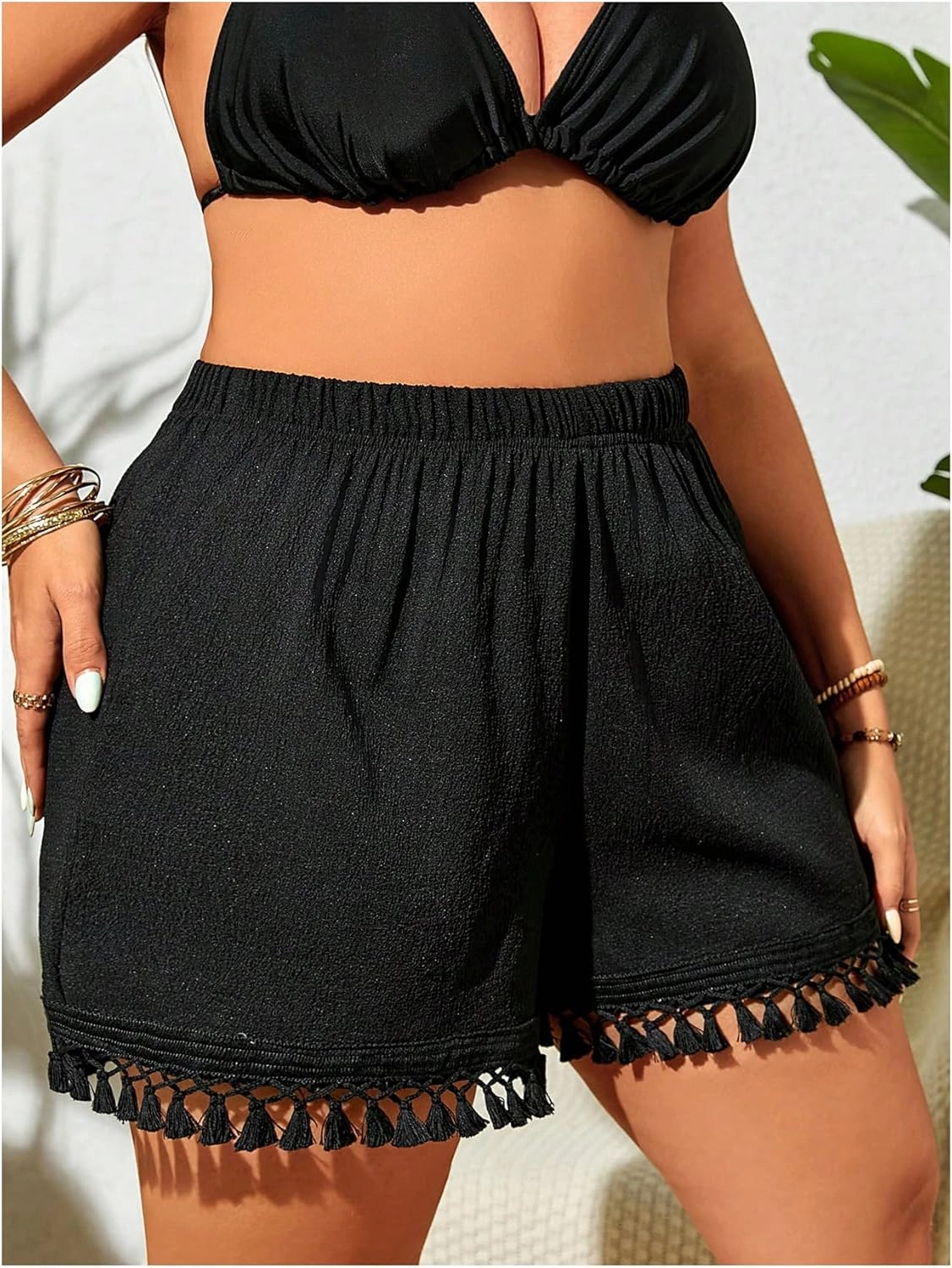 MakeMeChic Women's Plus Size Beach Shorts Bottom Tassel Hem Elastic Waist Summer Cover Up Shorts