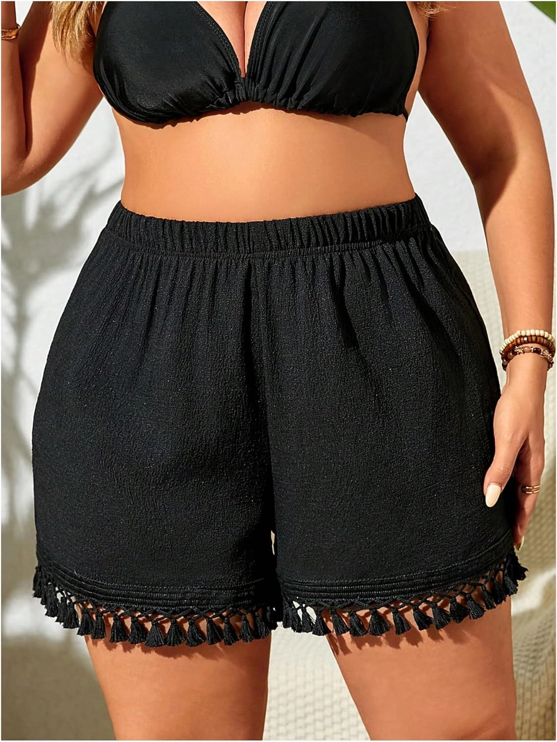 MakeMeChic Women's Plus Size Beach Shorts Bottom Tassel Hem Elastic Waist Summer Cover Up Shorts