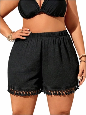 MakeMeChic Women's Plus Size Beach Shorts Bottom Tassel Hem Elastic Waist Summer Cover Up Shorts