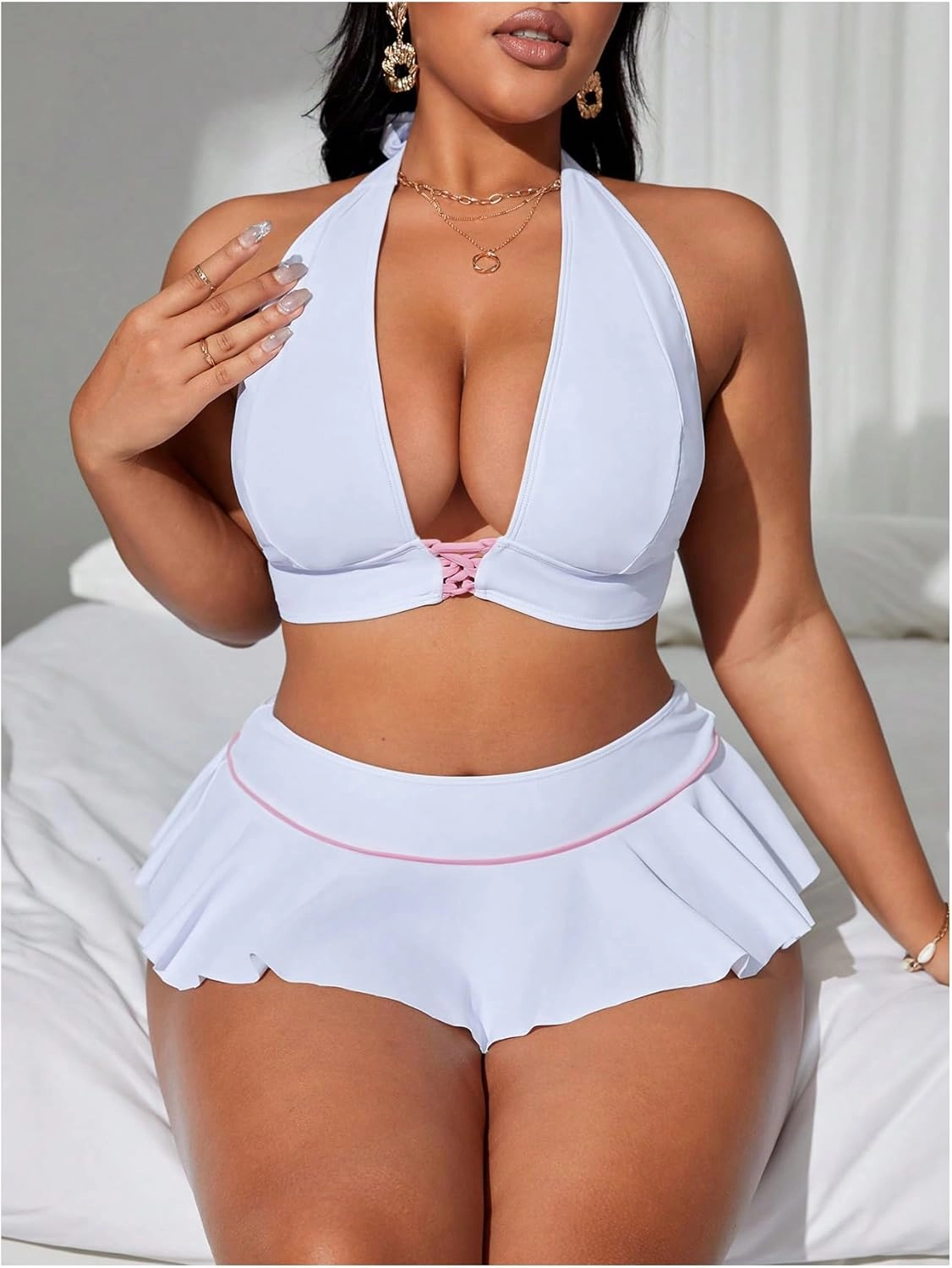 MakeMeChic Women's Plus Size Bikini Sets Criss Cross Halter Tie Back Ruffle Swimsuits