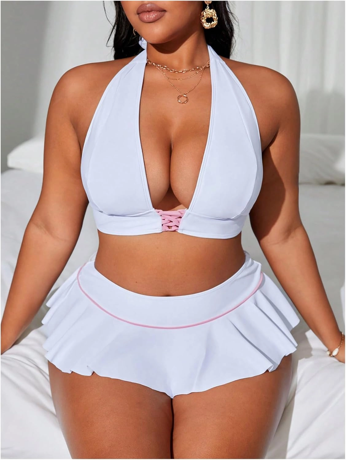 MakeMeChic Women's Plus Size Bikini Sets Criss Cross Halter Tie Back Ruffle Swimsuits