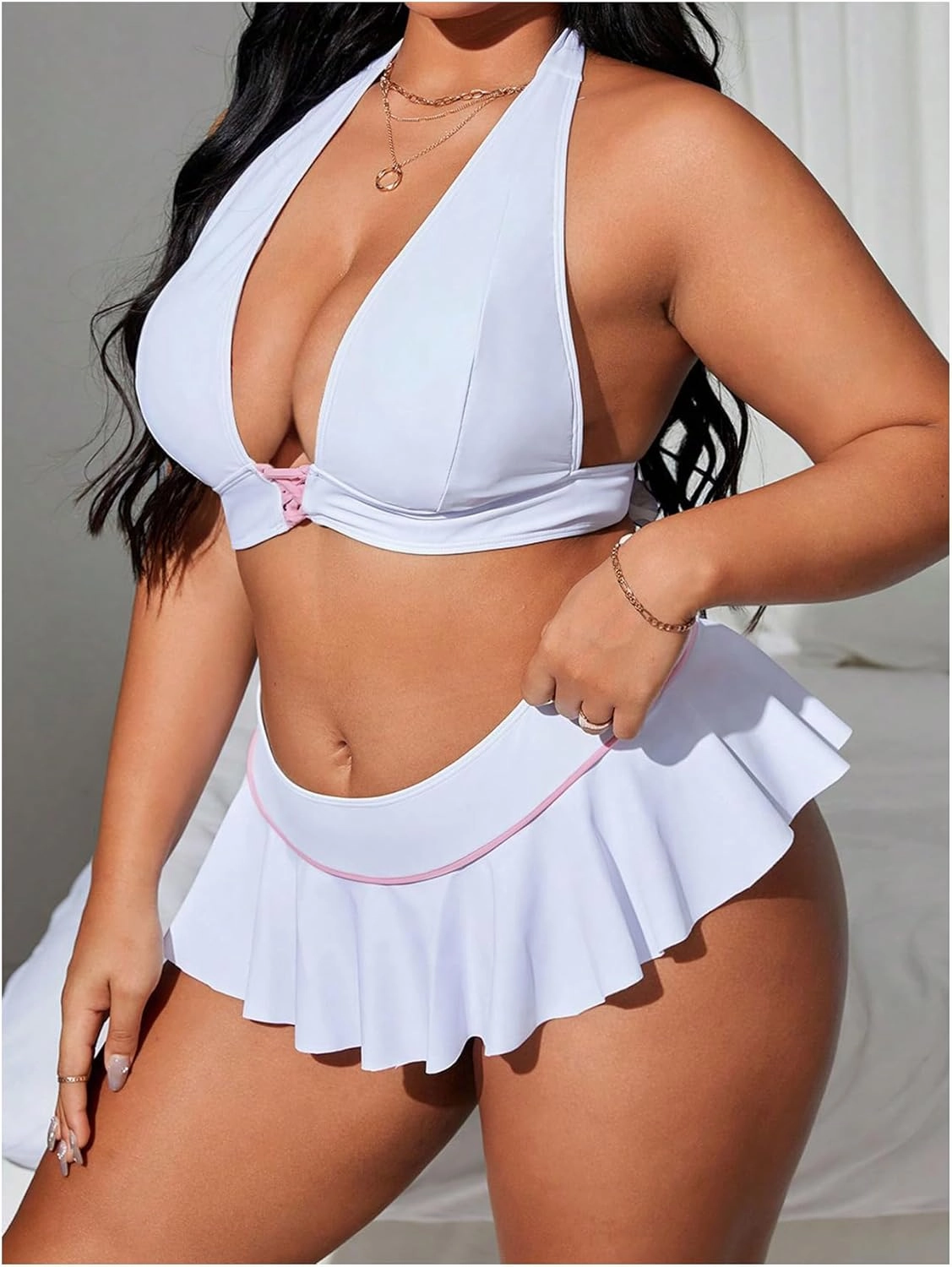 MakeMeChic Women's Plus Size Bikini Sets Criss Cross Halter Tie Back Ruffle Swimsuits