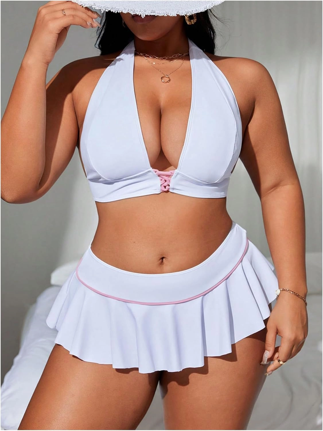 MakeMeChic Women's Plus Size Bikini Sets Criss Cross Halter Tie Back Ruffle Swimsuits