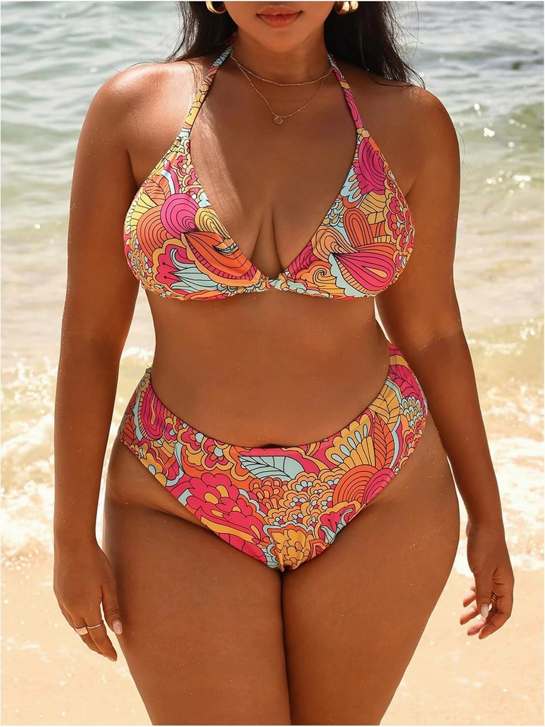 MakeMeChic Women's Plus Size Bikini Sets Tropical Print Halter High Cut Swimsuit Bathing Suit