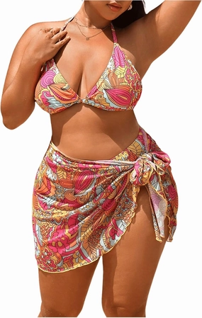 MakeMeChic Women's Plus Size Bikini Sets Tropical Print Halter High Cut Swimsuit Bathing Suit