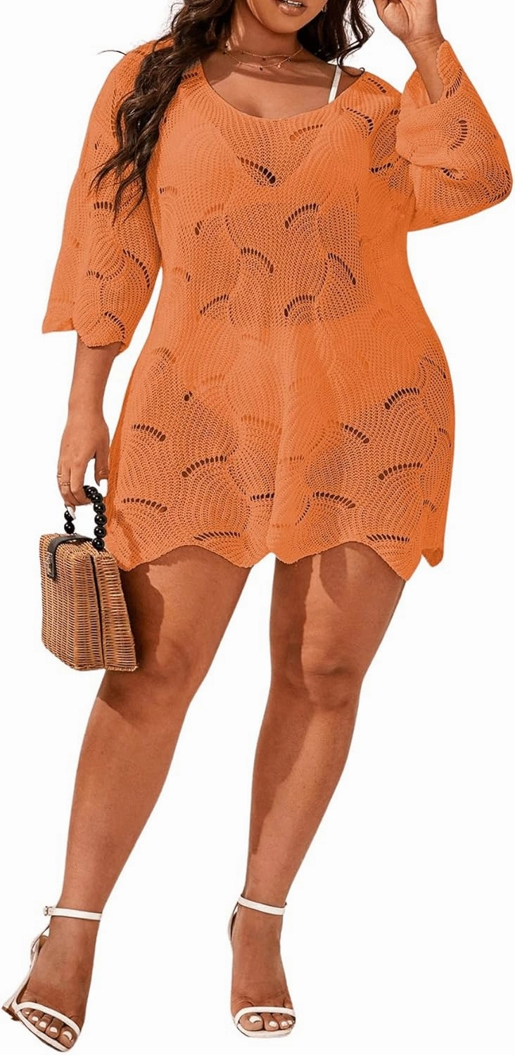 MakeMeChic Women's Plus Size Swimsuit Crochet Cover Up Bathing Suit Beach Dress
