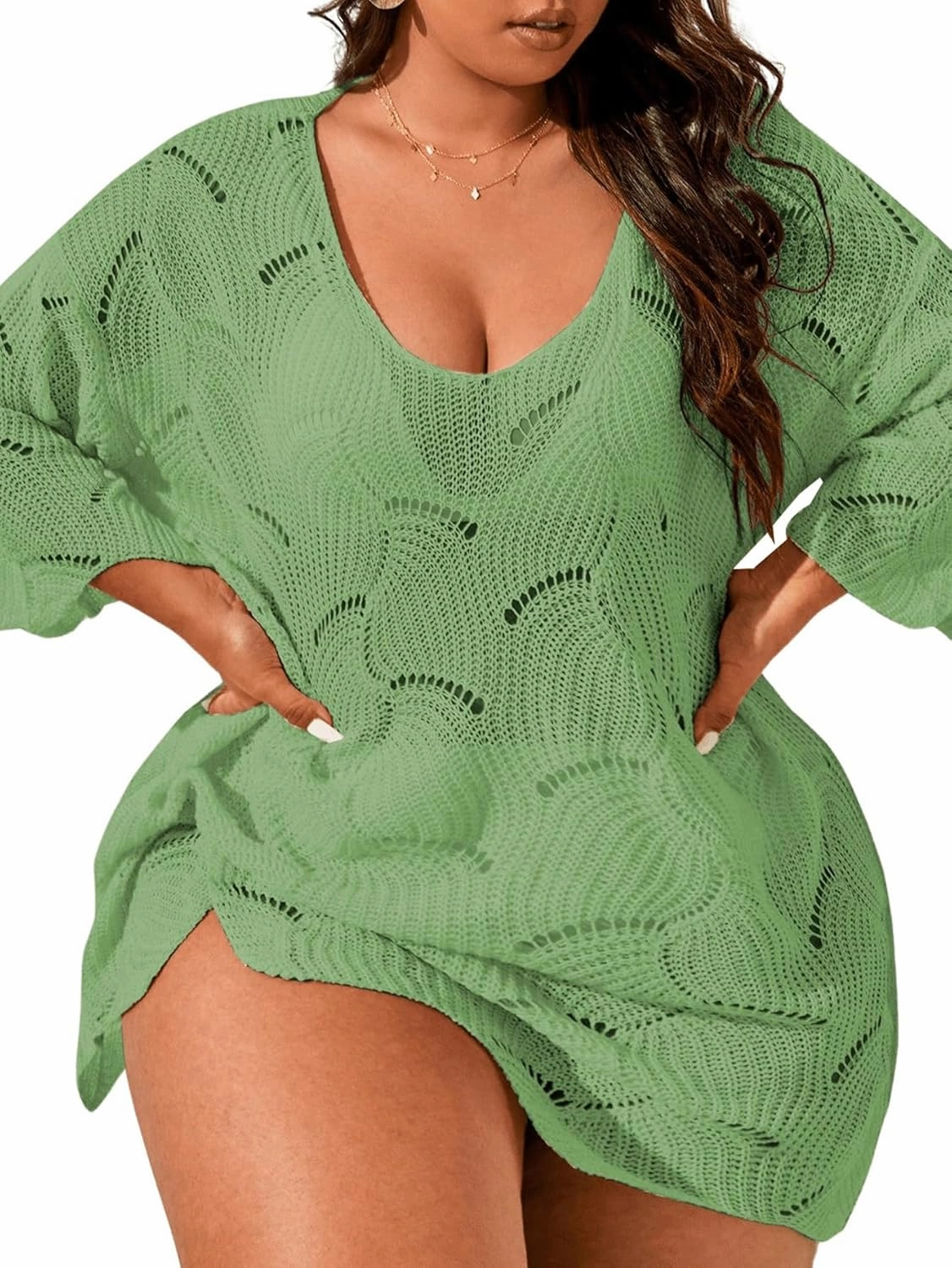 MakeMeChic Women's Plus Size Swimsuit Crochet Cover Up Bathing Suit Beach Dress