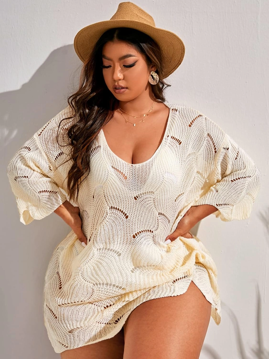 MakeMeChic Women's Plus Size Swimsuit Crochet Cover Up Bathing Suit Beach Dress
