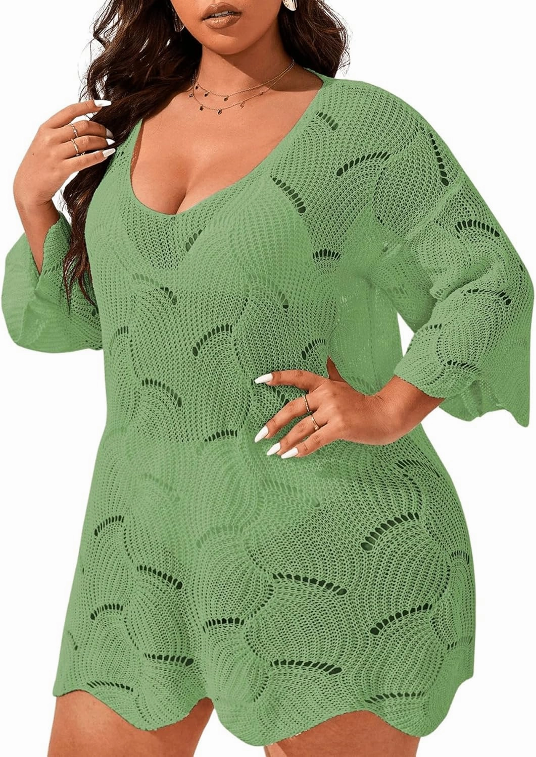 MakeMeChic Women's Plus Size Swimsuit Crochet Cover Up Bathing Suit Beach Dress