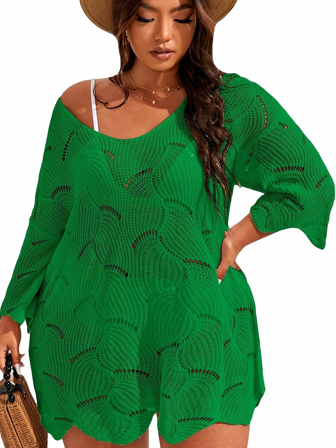 MakeMeChic Women's Plus Size Swimsuit Crochet Cover Up Bathing Suit Beach Dress