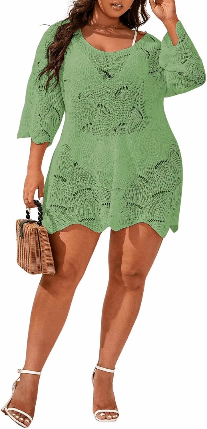 MakeMeChic Women's Plus Size Swimsuit Crochet Cover Up Bathing Suit Beach Dress