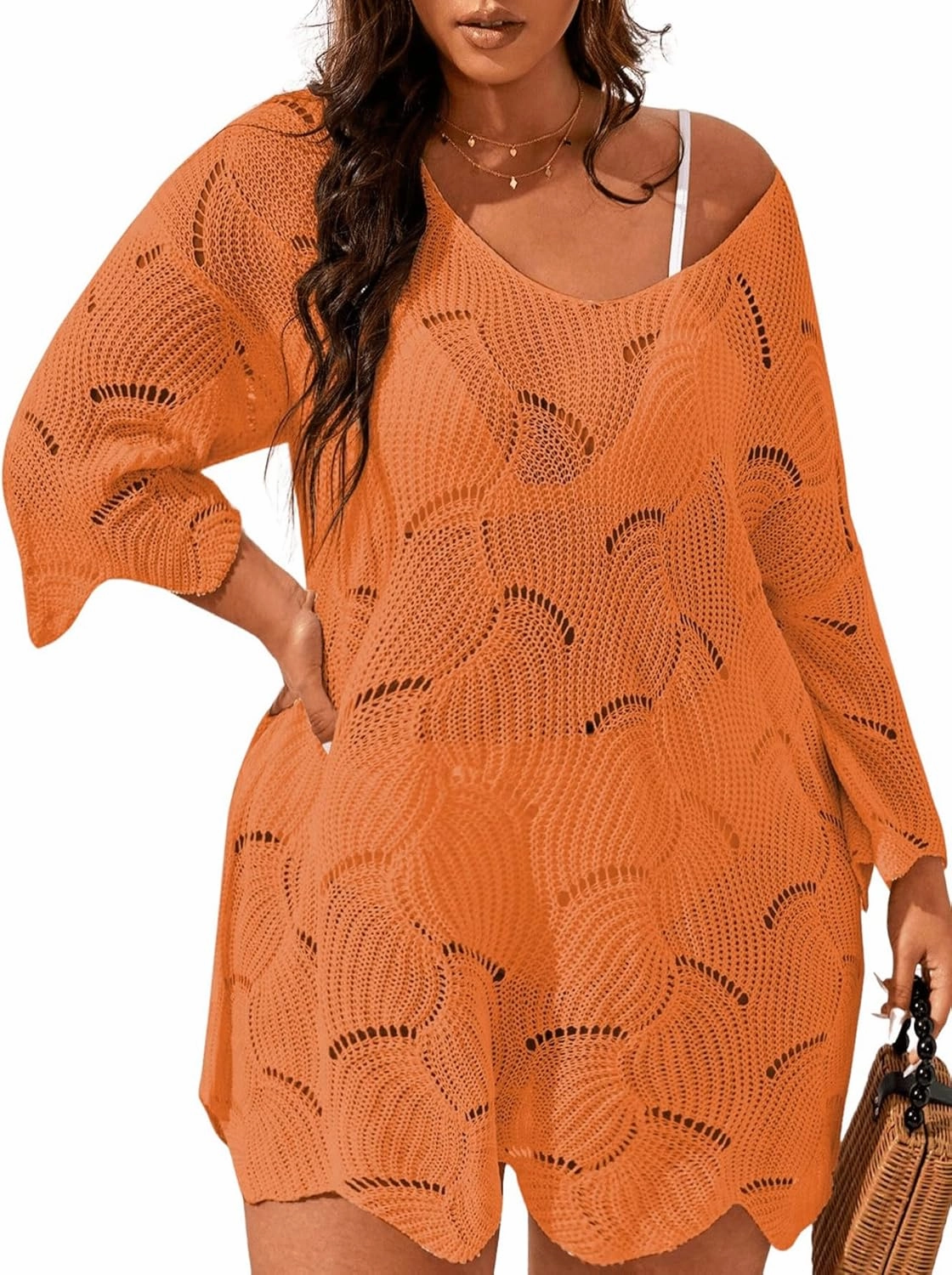 MakeMeChic Women's Plus Size Swimsuit Crochet Cover Up Bathing Suit Beach Dress