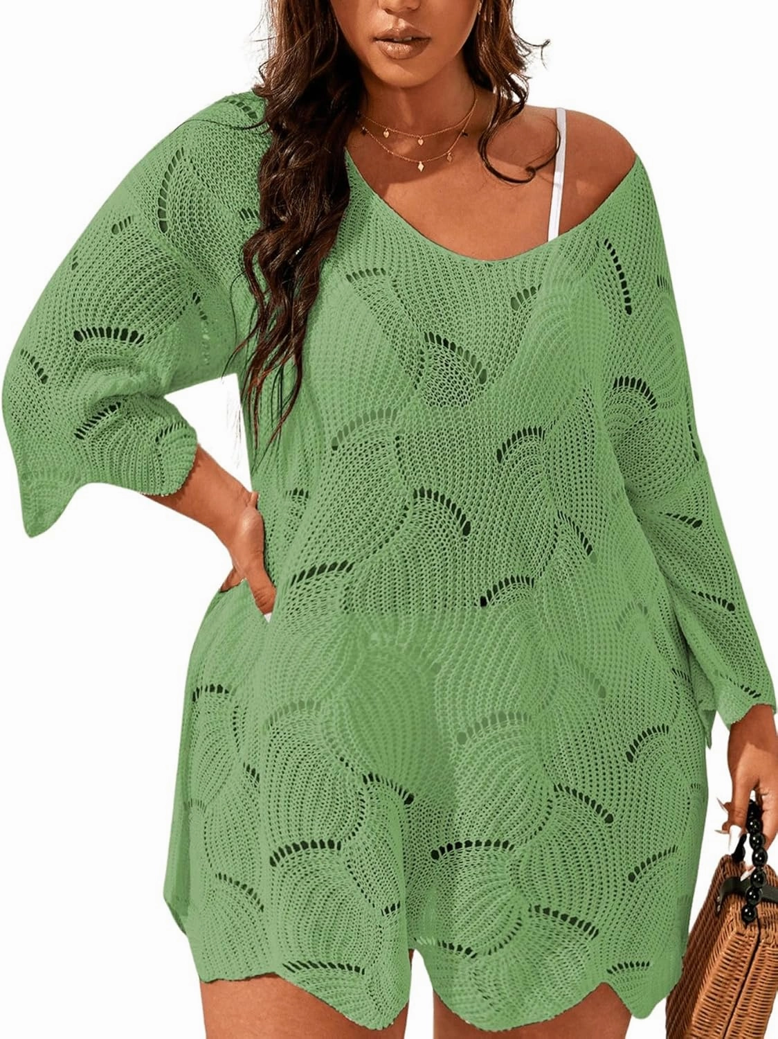 MakeMeChic Women's Plus Size Swimsuit Crochet Cover Up Bathing Suit Beach Dress