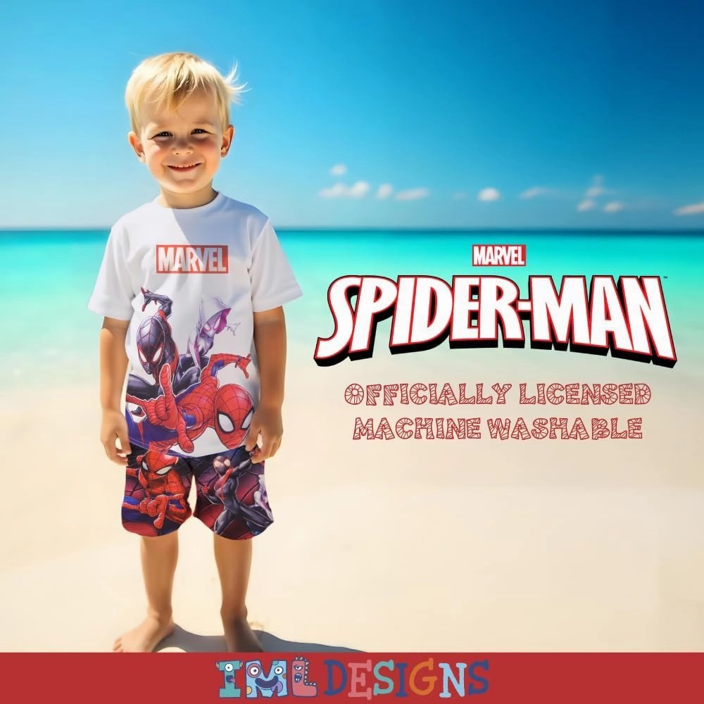 Marvel Boys Avengers, Spiderman, Black Panther, Captain America, Miles Morales 2-Piece Swimsuit Set, Rash Guard & Swim Trunks