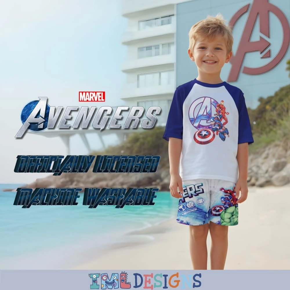 Marvel Boys Avengers, Spiderman, Black Panther, Captain America, Miles Morales 2-Piece Swimsuit Set, Rash Guard & Swim Trunks