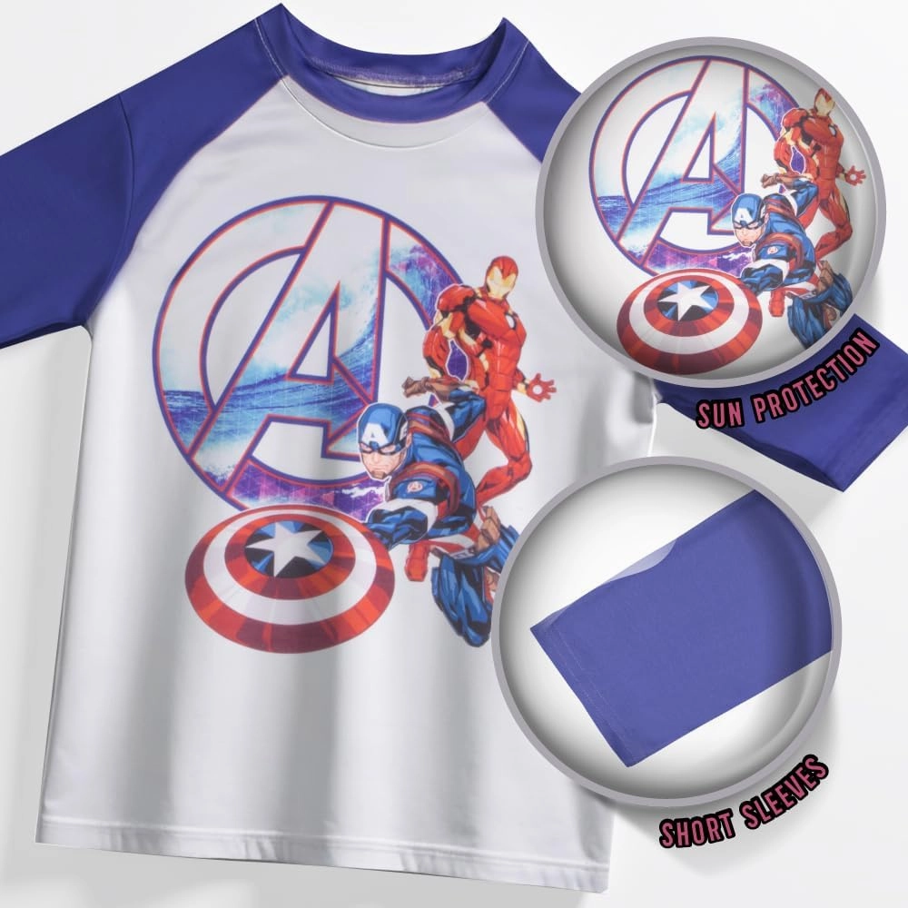 Marvel Boys Avengers, Spiderman, Black Panther, Captain America, Miles Morales 2-Piece Swimsuit Set, Rash Guard & Swim Trunks
