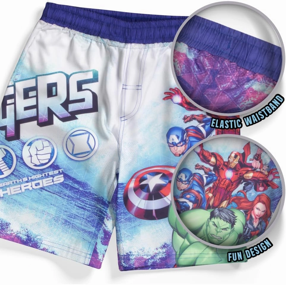 Marvel Boys Avengers, Spiderman, Black Panther, Captain America, Miles Morales 2-Piece Swimsuit Set, Rash Guard & Swim Trunks