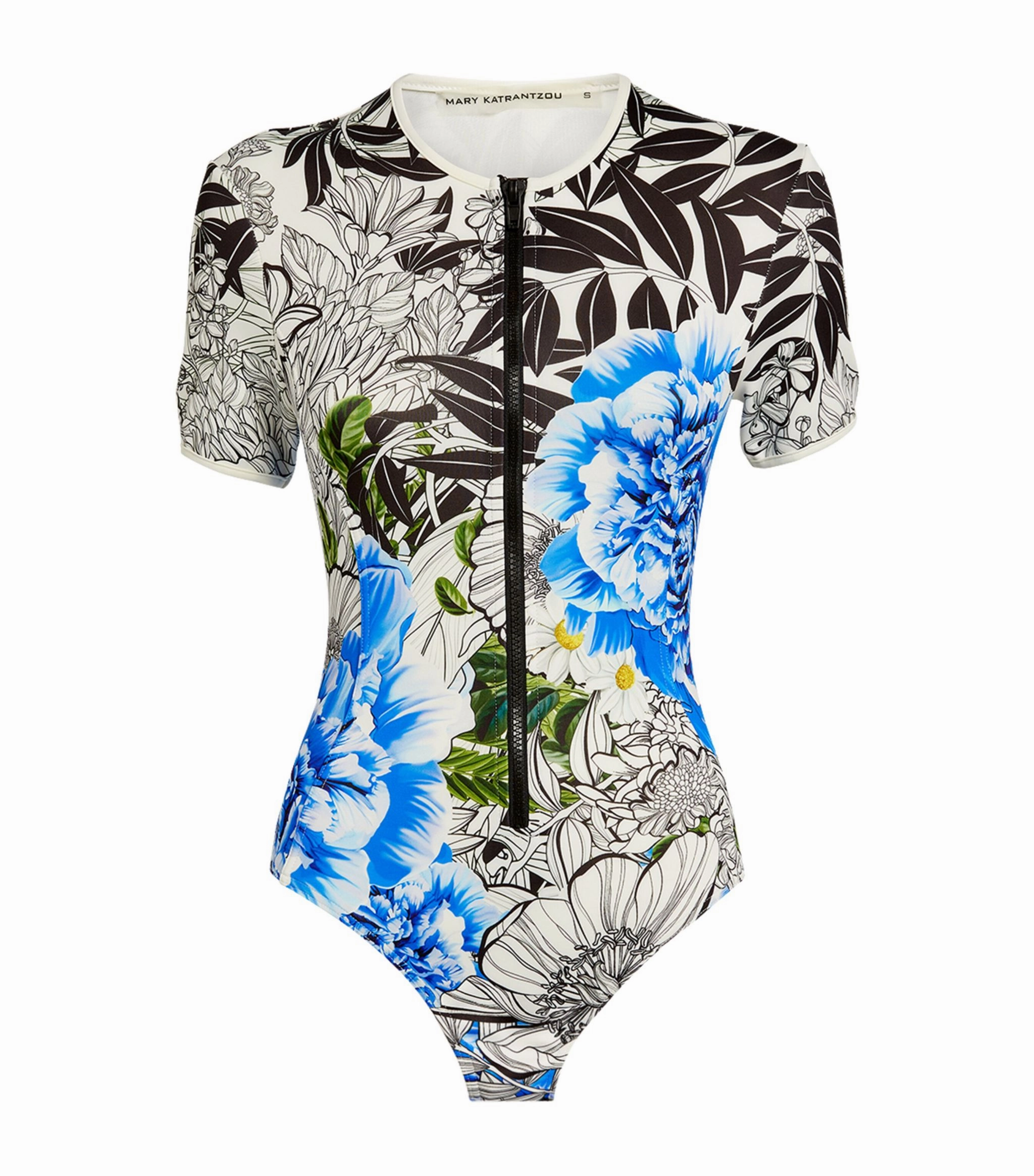 MARY KATRANTZOU Mary Mare Lago Di Garda Blue Lagoon Floral Paddle Surf Short Sleeve Swimsuit