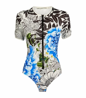 MARY KATRANTZOU Mary Mare Lago Di Garda Blue Lagoon Floral Paddle Surf Short Sleeve Swimsuit
