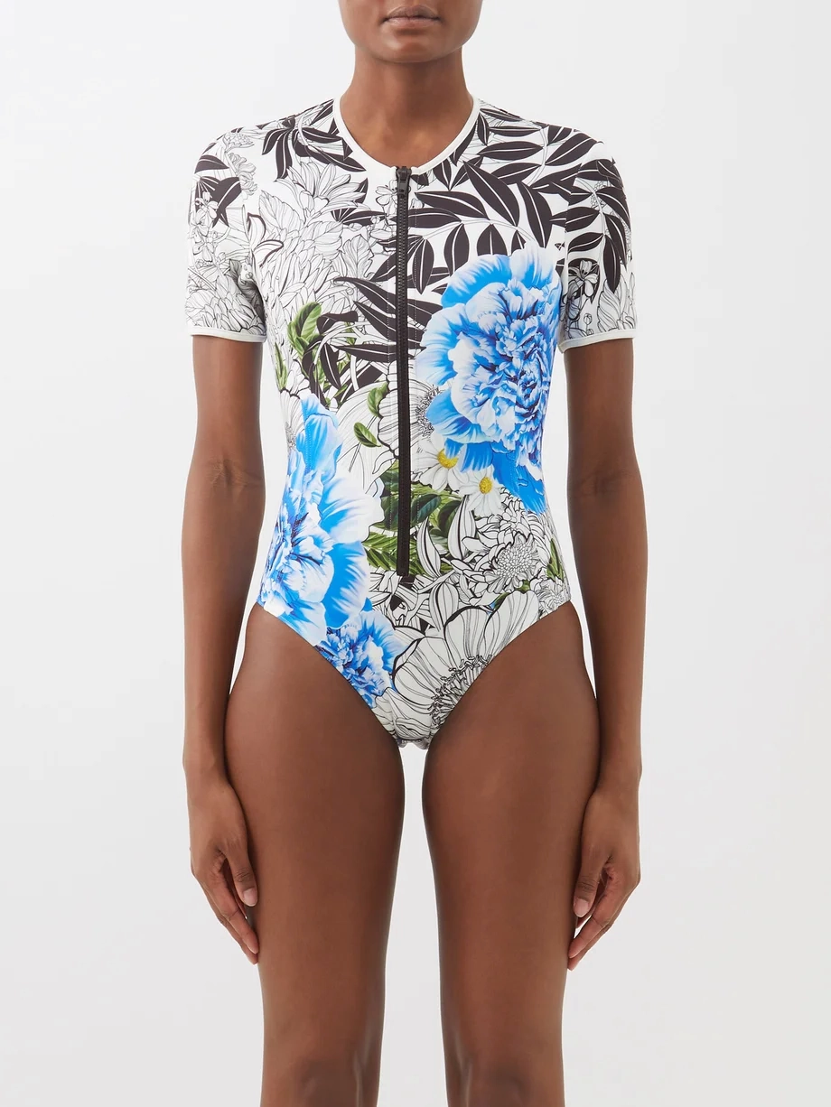 MARY KATRANTZOU Mary Mare Lago Di Garda Blue Lagoon Floral Paddle Surf Short Sleeve Swimsuit