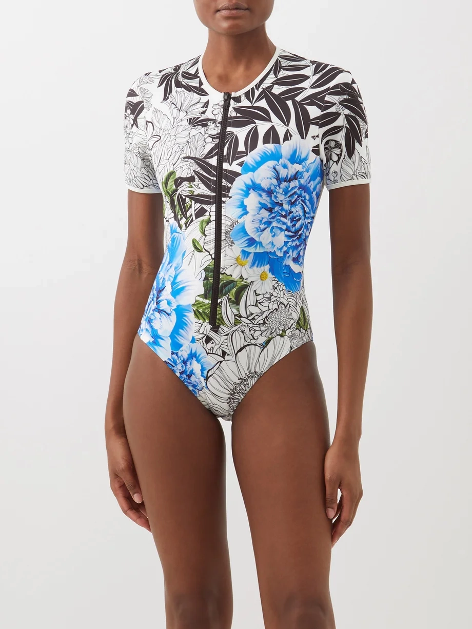 MARY KATRANTZOU Mary Mare Lago Di Garda Blue Lagoon Floral Paddle Surf Short Sleeve Swimsuit