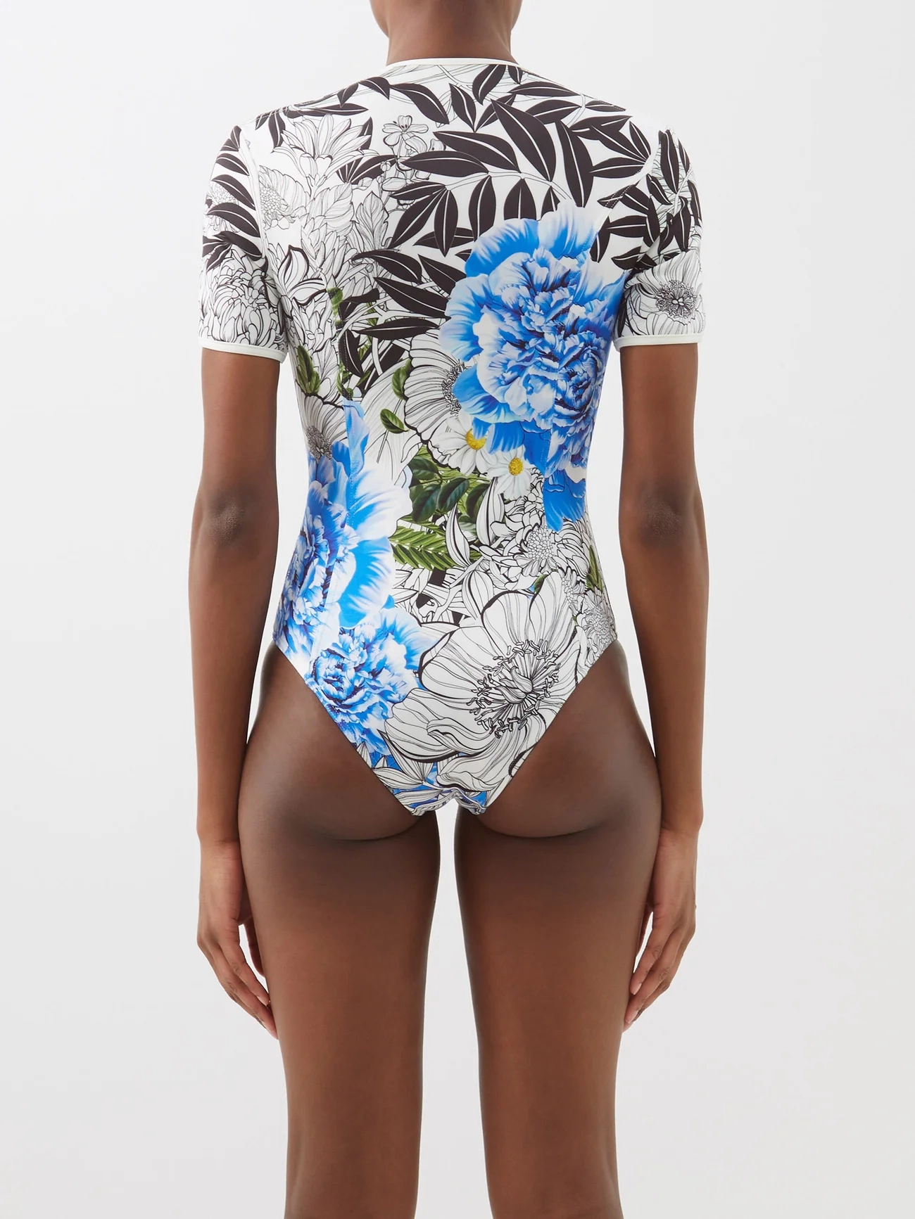MARY KATRANTZOU Mary Mare Lago Di Garda Blue Lagoon Floral Paddle Surf Short Sleeve Swimsuit