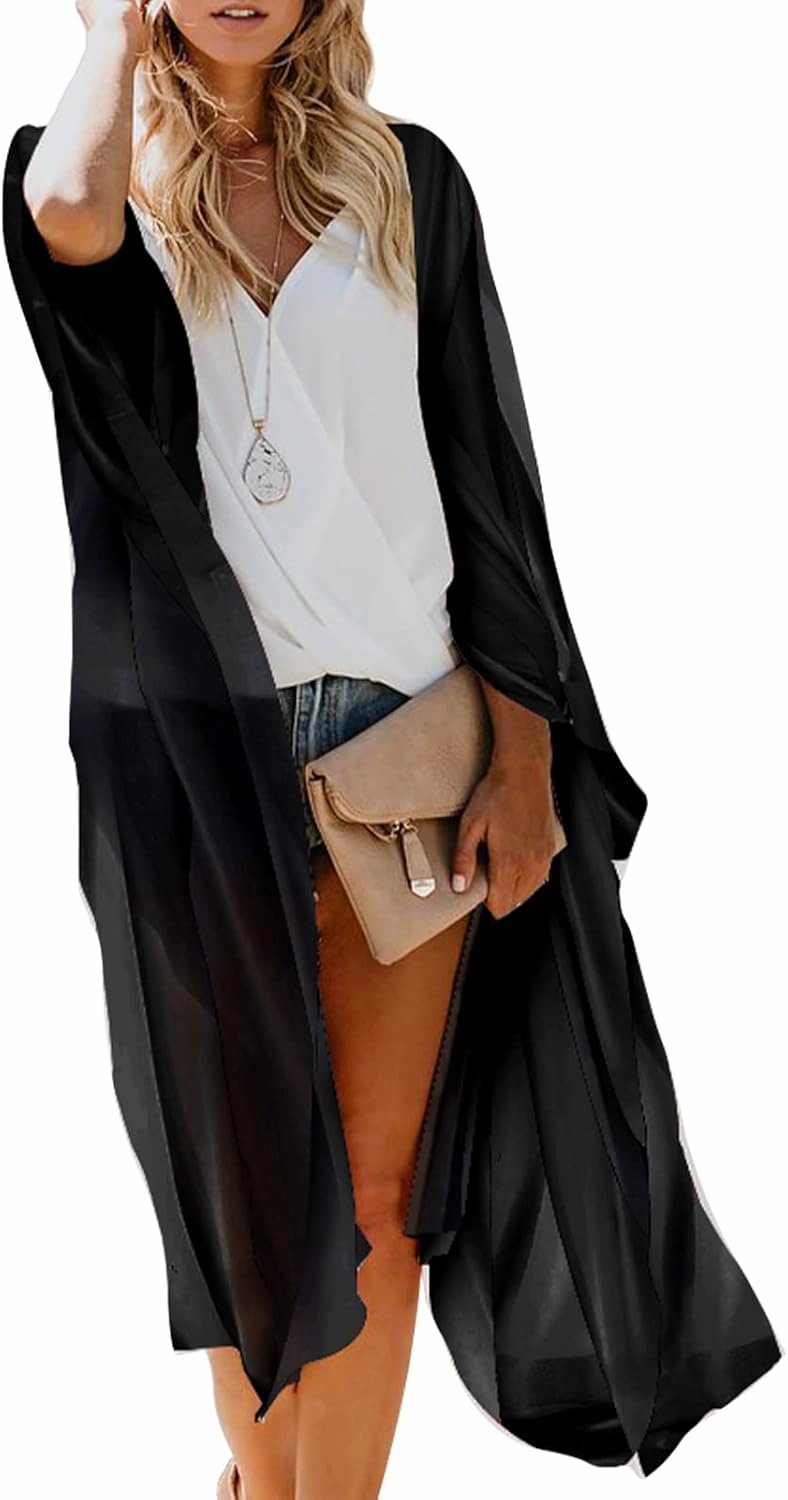 MayBuy Women's Summer Long Flowy Kimono Cardigans Boho Chiffon Beach Cover Up Tops