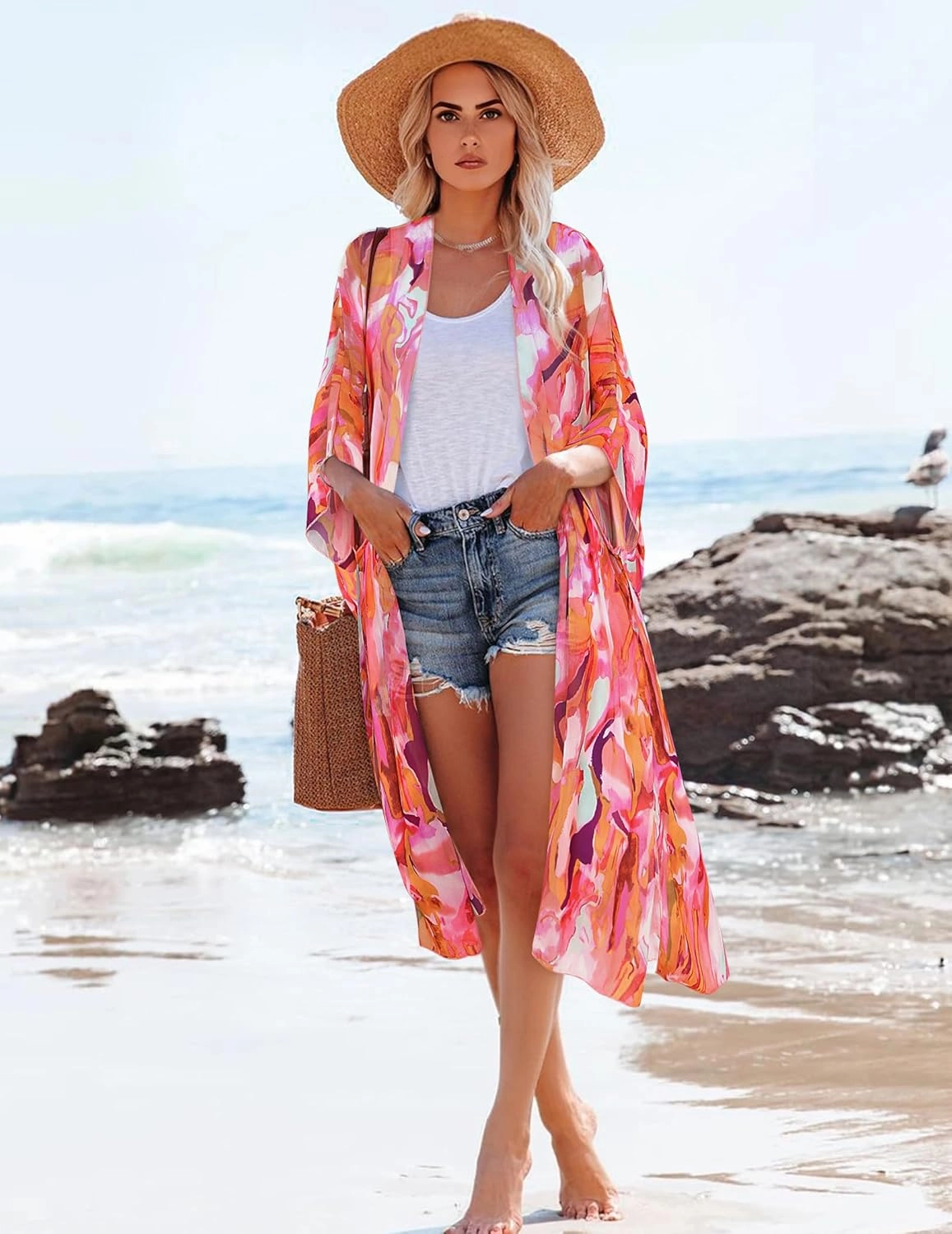 MayBuy Women's Summer Long Flowy Kimono Cardigans Boho Chiffon Beach Cover Up Tops