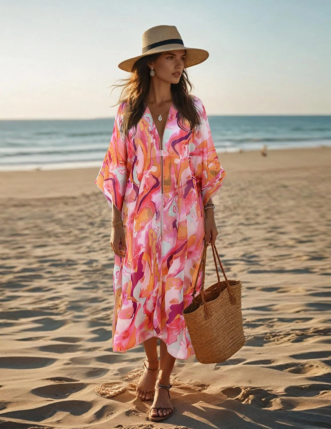 MayBuy Women's Summer Long Flowy Kimono Cardigans Boho Chiffon Beach Cover Up Tops