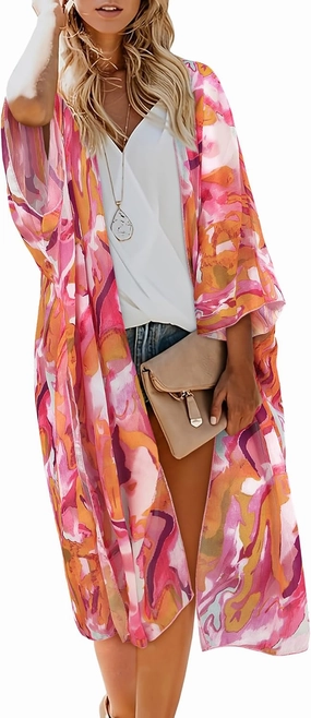 MayBuy Women's Summer Long Flowy Kimono Cardigans Boho Chiffon Beach Cover Up Tops