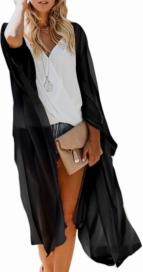 MayBuy Women's Summer Long Flowy Kimono Cardigans Boho Chiffon Beach Cover Up Tops