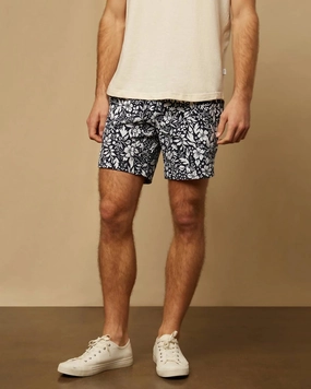 Men Elastic Calder 6" Swim Trunks In Navy/white Botanic Silhouettes